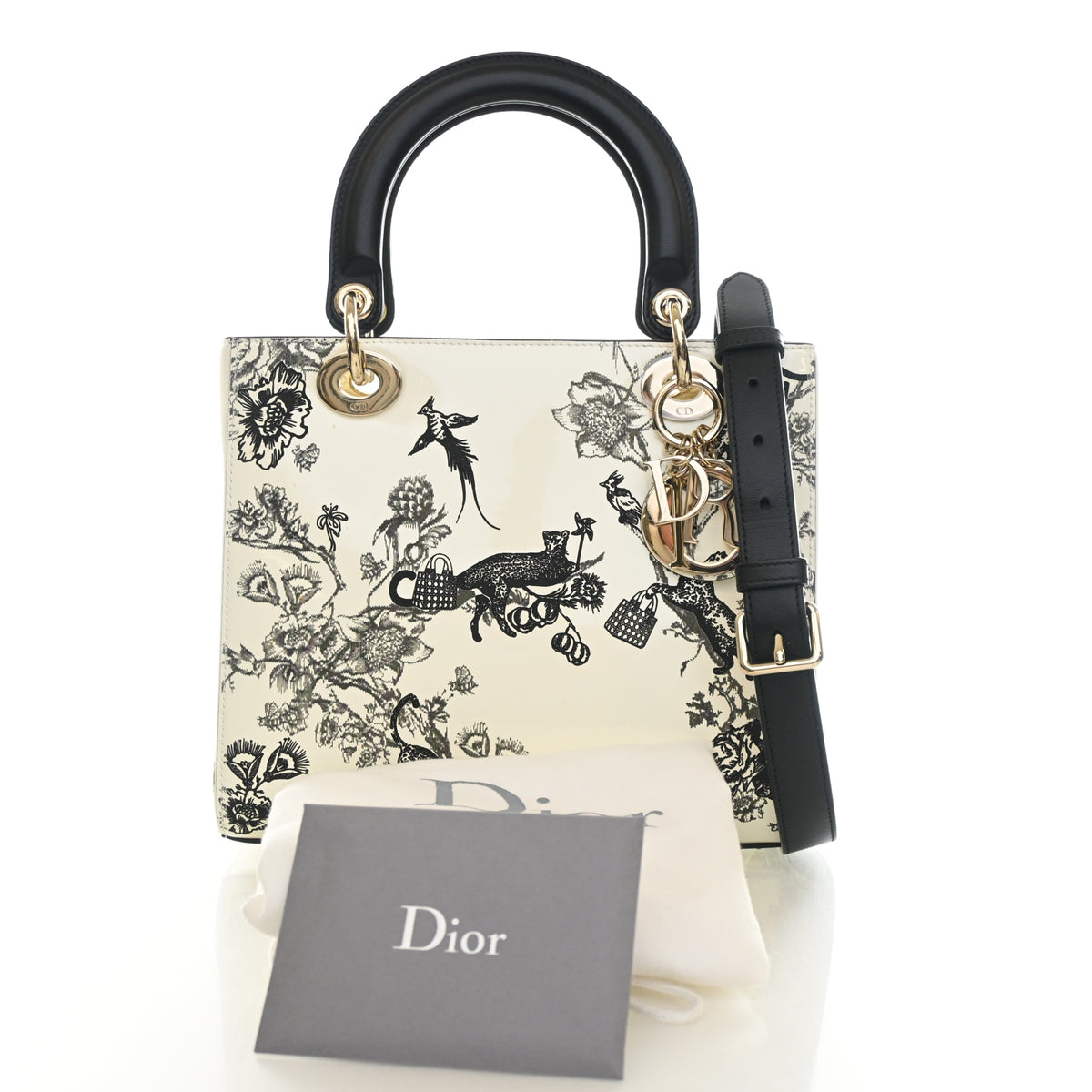 Pre-Owned Christian Dior Lady Dior Medium Patent Leather Toile De Jouy, shown with dust bag and packaging