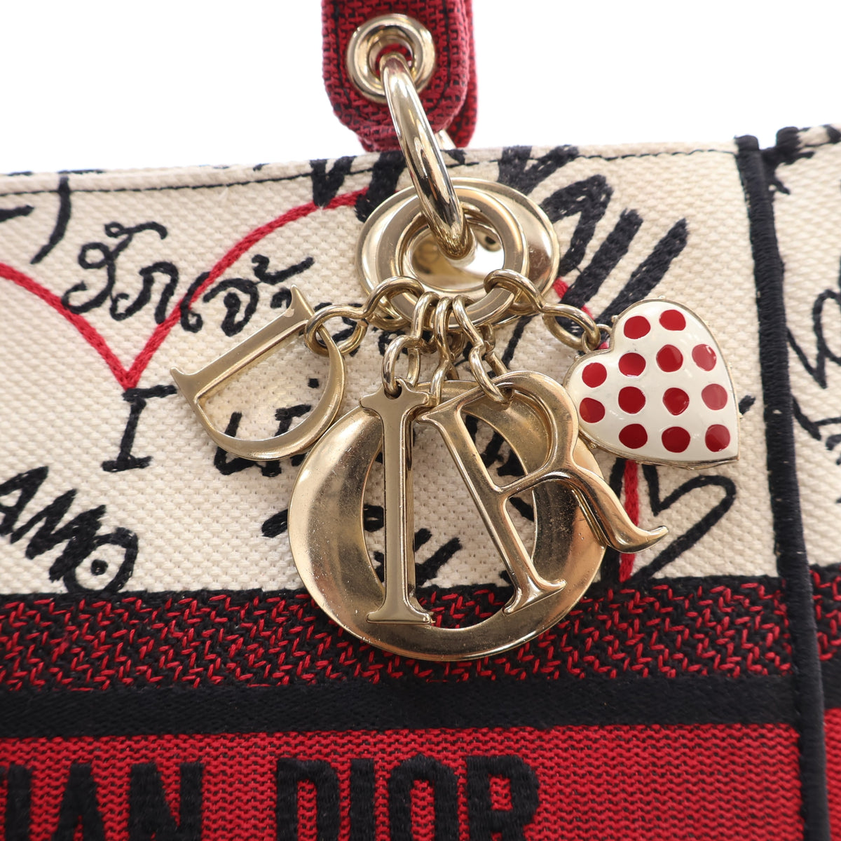 Pre-Owned Christian Dior Medium Embroidered Canvas Dioramour Lady D-lite, gold hardware close-up
