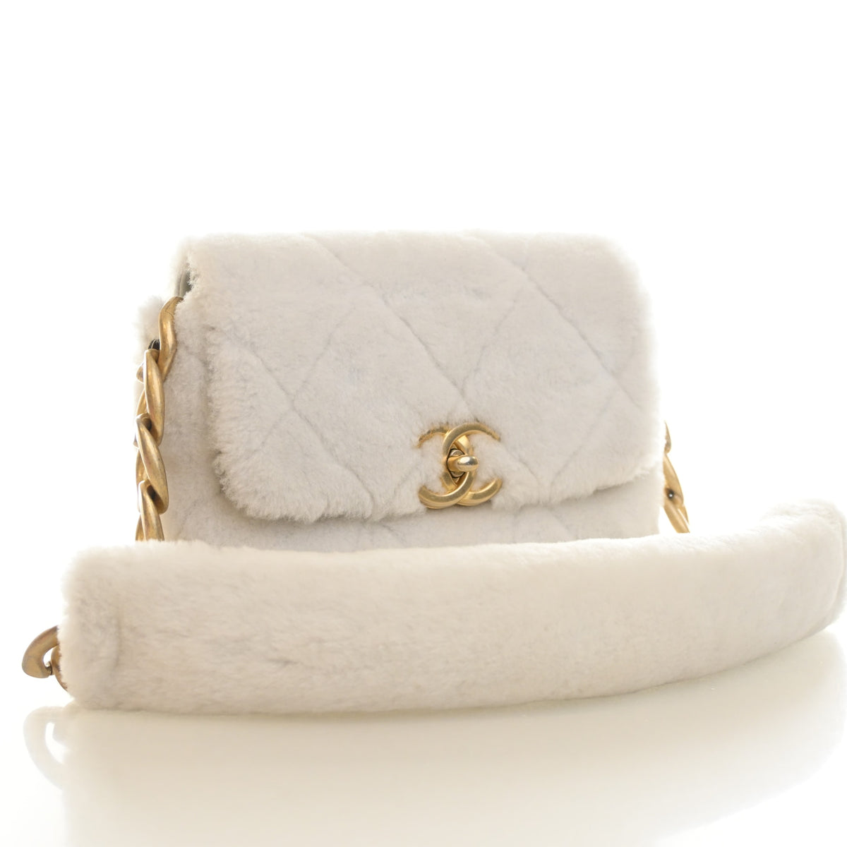 Pre-Owned Chanel Flap Bag Small Shearling Chain, three-quarter view