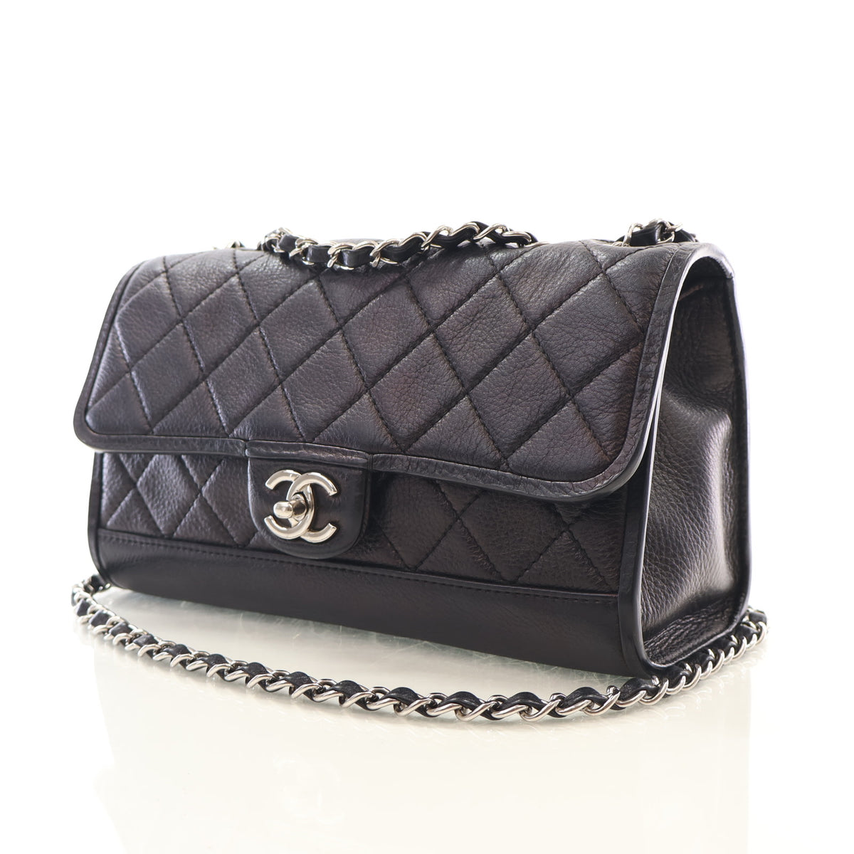 Pre-Owned Chanel Flap Bag Medium Aged Calfskin CC, three-quarter view, authenticated at Luxe Du Jour