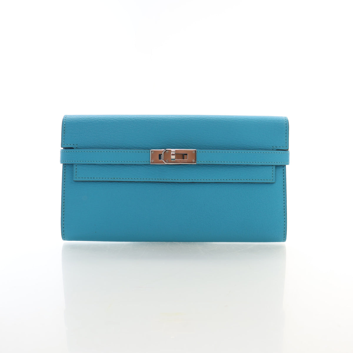 Pre-Owned Hermès Kelly Bleu Azteque Chevre Mysore Leather Classic Lounge Wallet, front view, authenticated at Luxe Du Jour