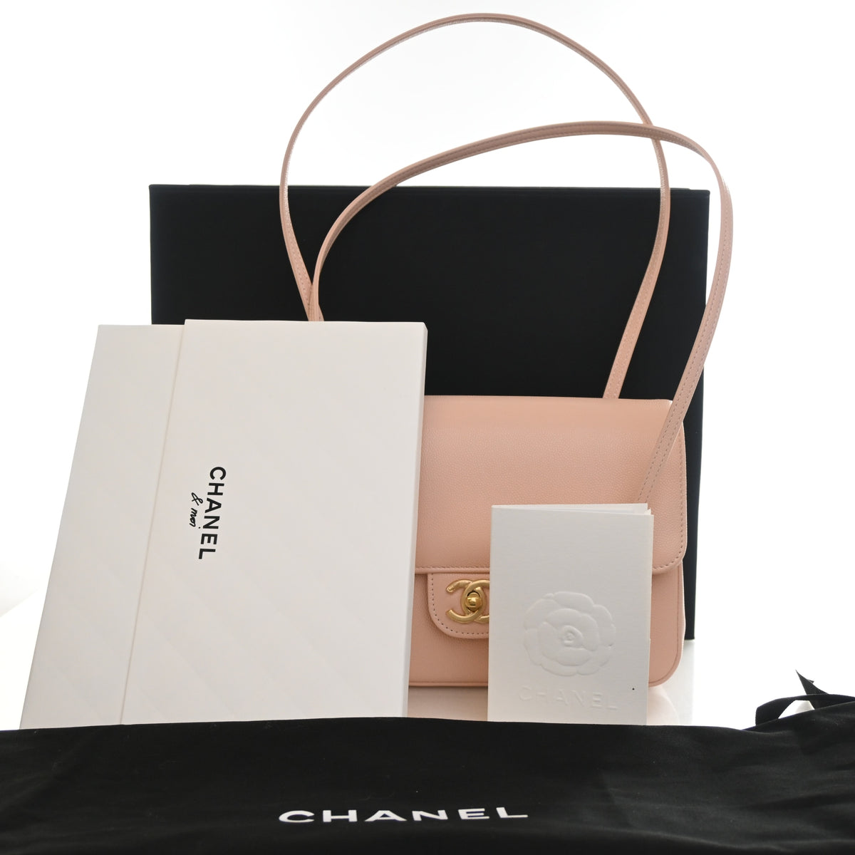 Pre-Owned Chanel Caviar Leather Preppy Coco Bowling Bag, shown with dust bag and packaging