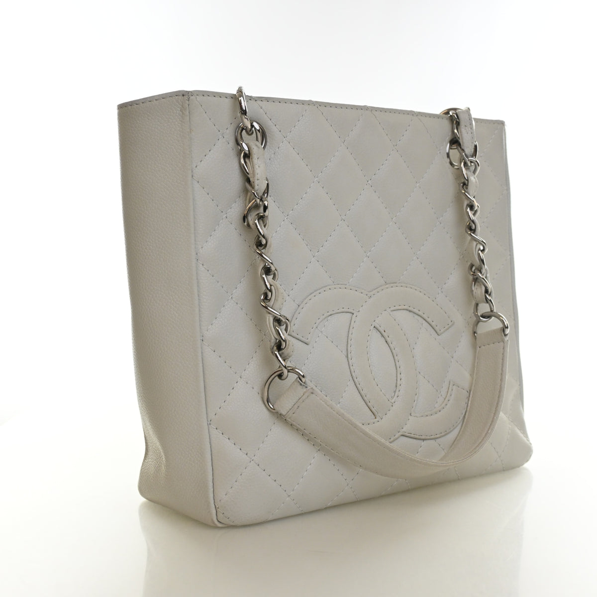 Vintage Chanel Shopping Tote Caviar Leather Petite, three-quarter view, authenticated at Luxe Du Jour