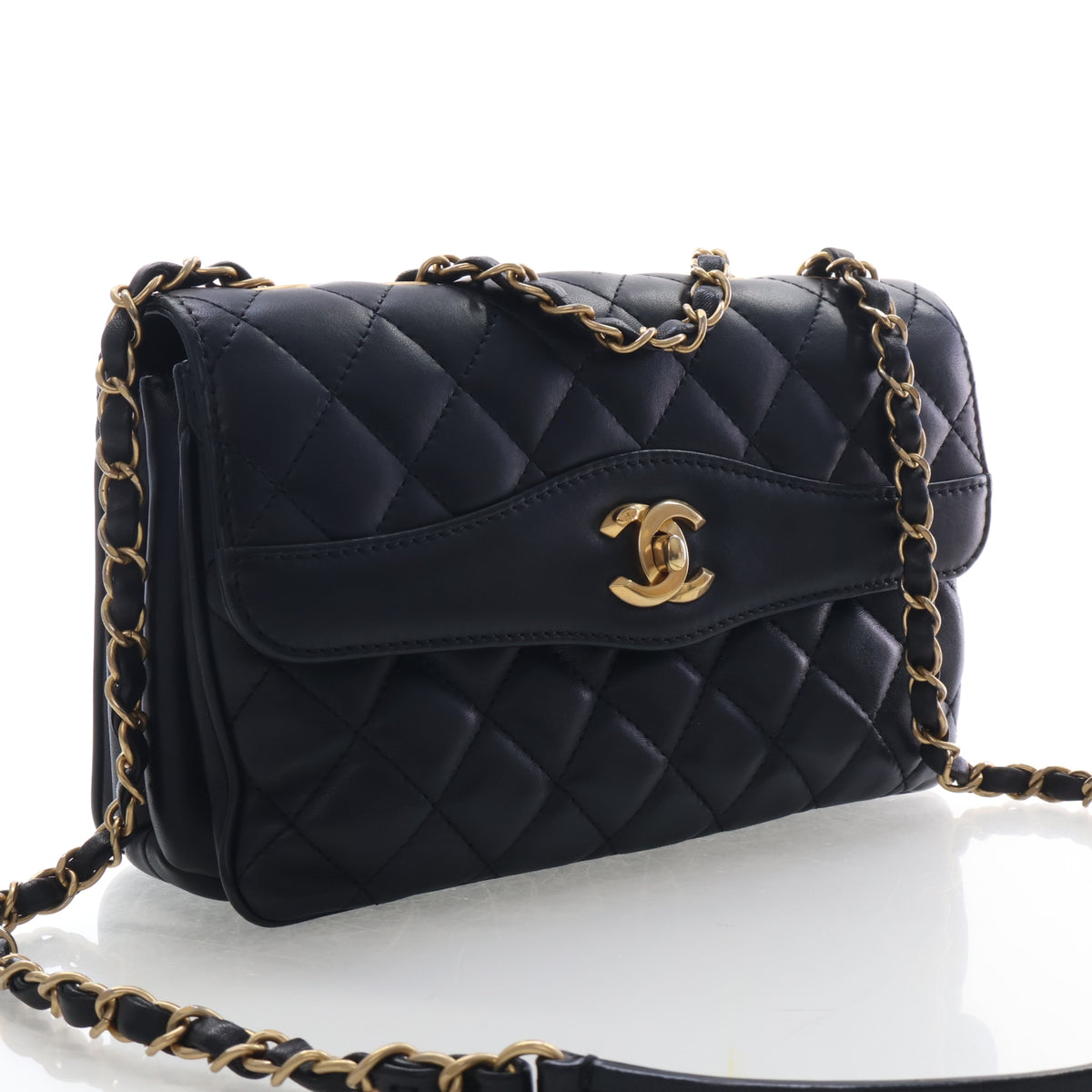 Pre-Owned Chanel Flap Bag Medium Calfskin CC, three-quarter view, authenticated at Luxe Du Jour