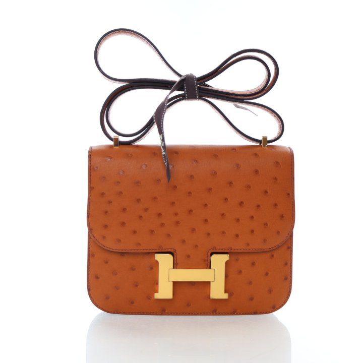 Pre-Owned Hermès Constance 18 Gold Ostrich Leather, front view, authenticated at Luxe Du Jour