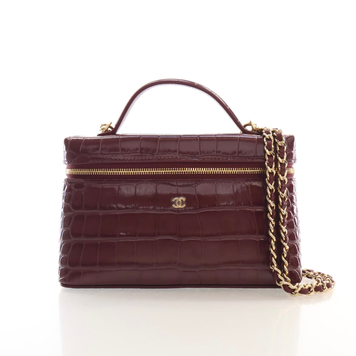 Pre-Owned Chanel Top Handle Small Crocodile Leather Embossed Leather Slim Vanity With Chain, front view