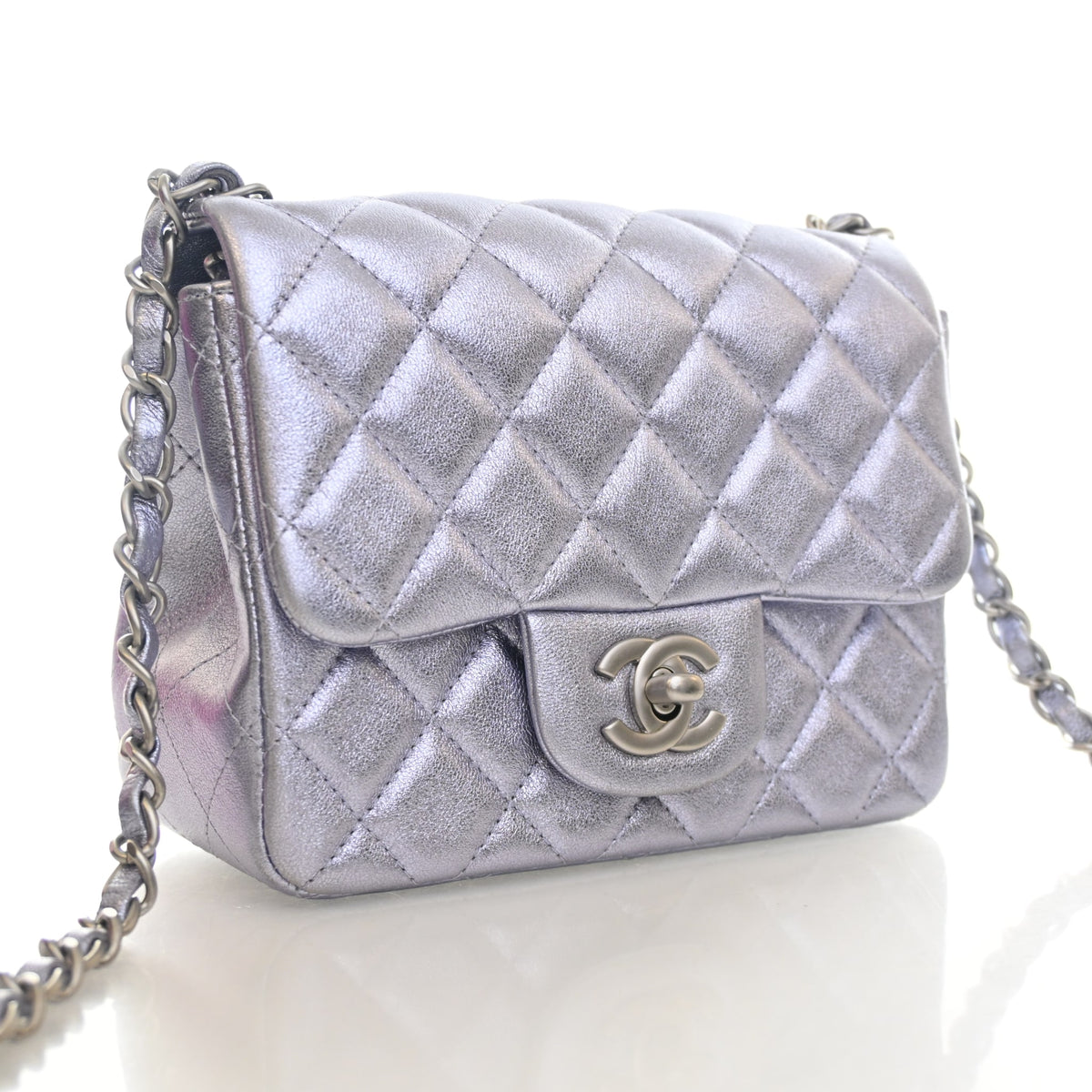 Pre-Owned Chanel Classic Flap Mini Calfskin Square Bag, three-quarter view, authenticated at Luxe Du Jour