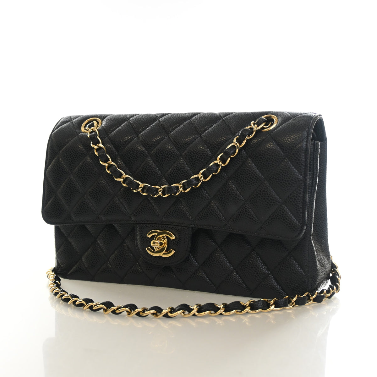 Pre-Owned Chanel Classic Double Flap Medium Caviar Leather Bag, three-quarter view, photo 3 of 16