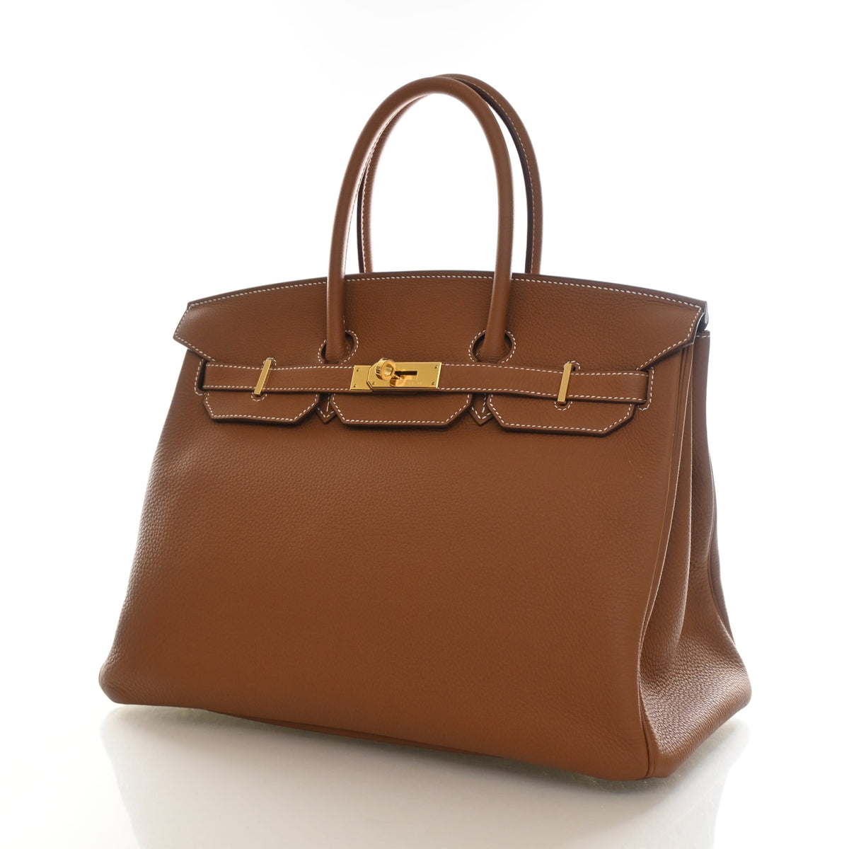Pre-Owned Hermès Birkin 35 Gold Togo Leather, three-quarter view