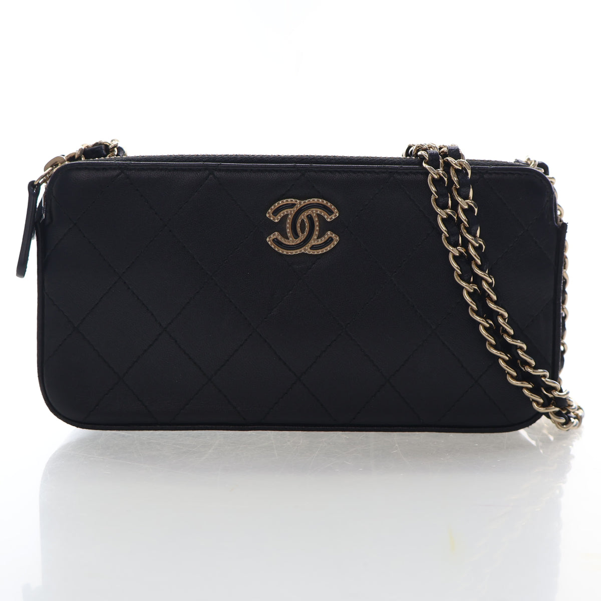 Pre-Owned Chanel Wallet On Chain Lambskin Double Zip, front view, authenticated at Luxe Du Jour