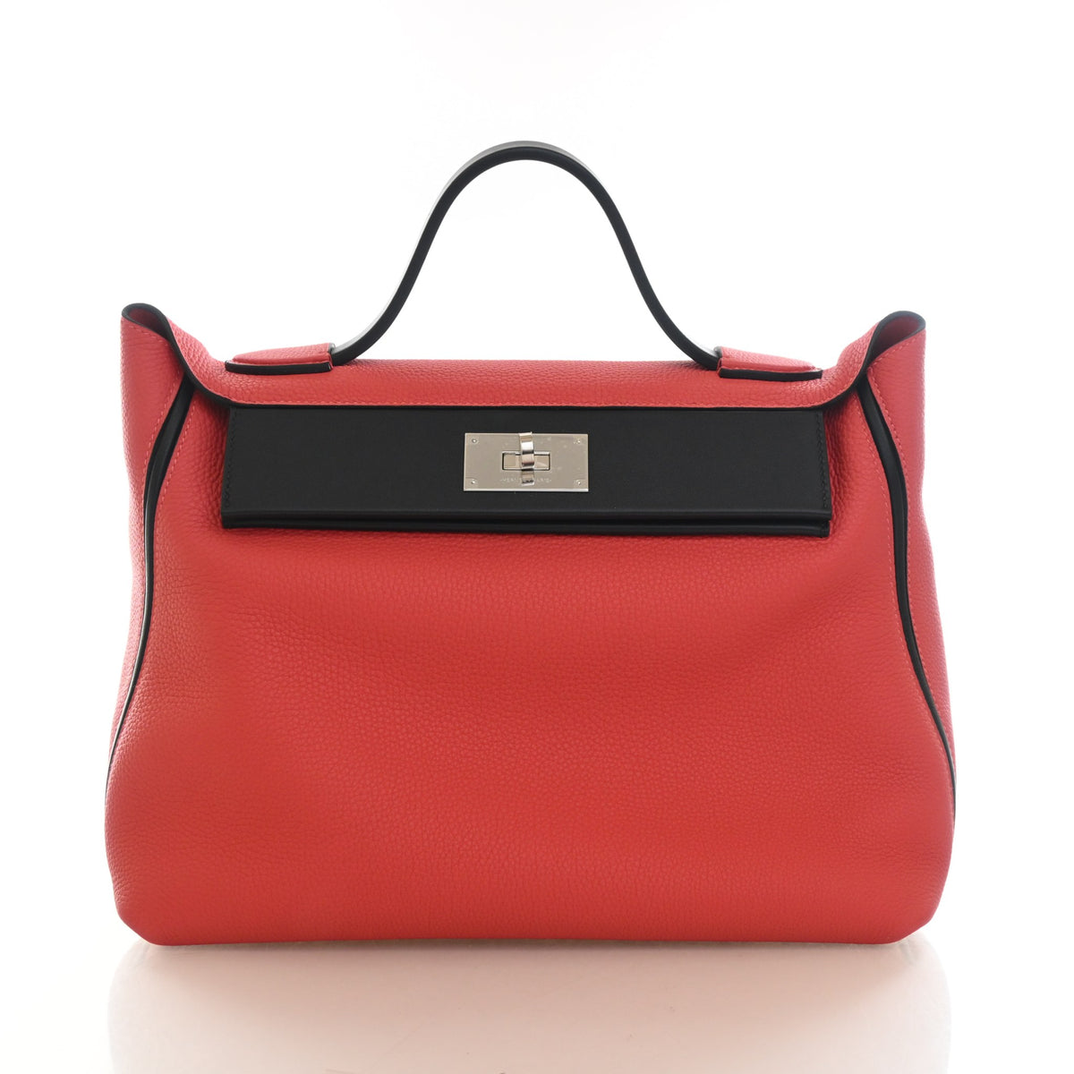 Pre-Owned Hermès 35 Rouge Pivoine Clemence Leather 24/24, front view, authenticated at Luxe Du Jour