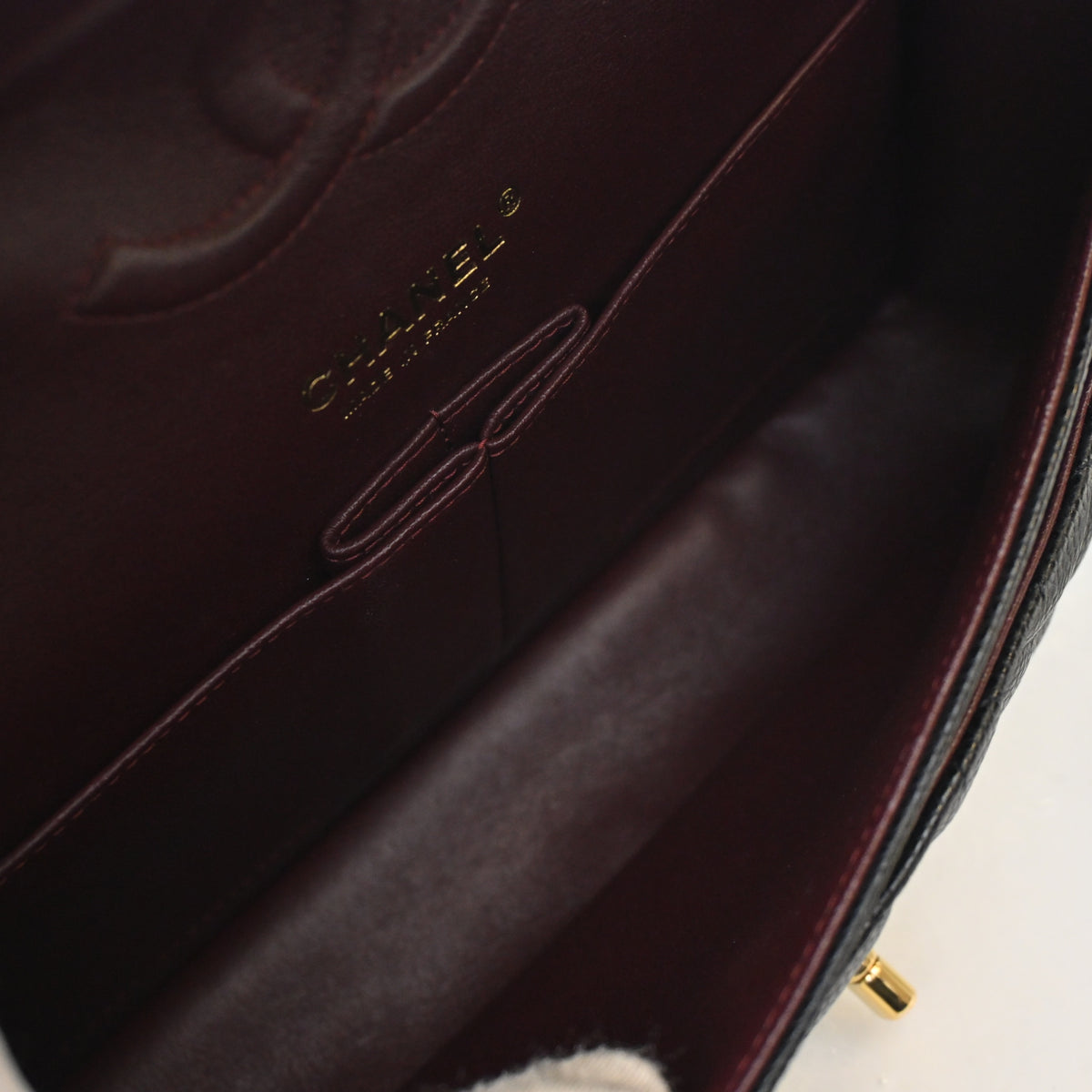 Pre-Owned Chanel Classic Double Flap Medium Caviar Leather Bag, open interior with lining, photo 12 of 15