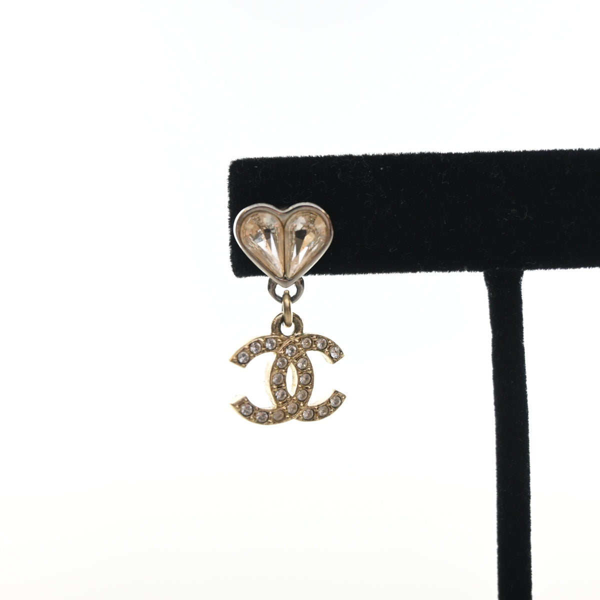 Pre-Owned Chanel Crystal Heart CC Drop Earrings, gold hardware close-up