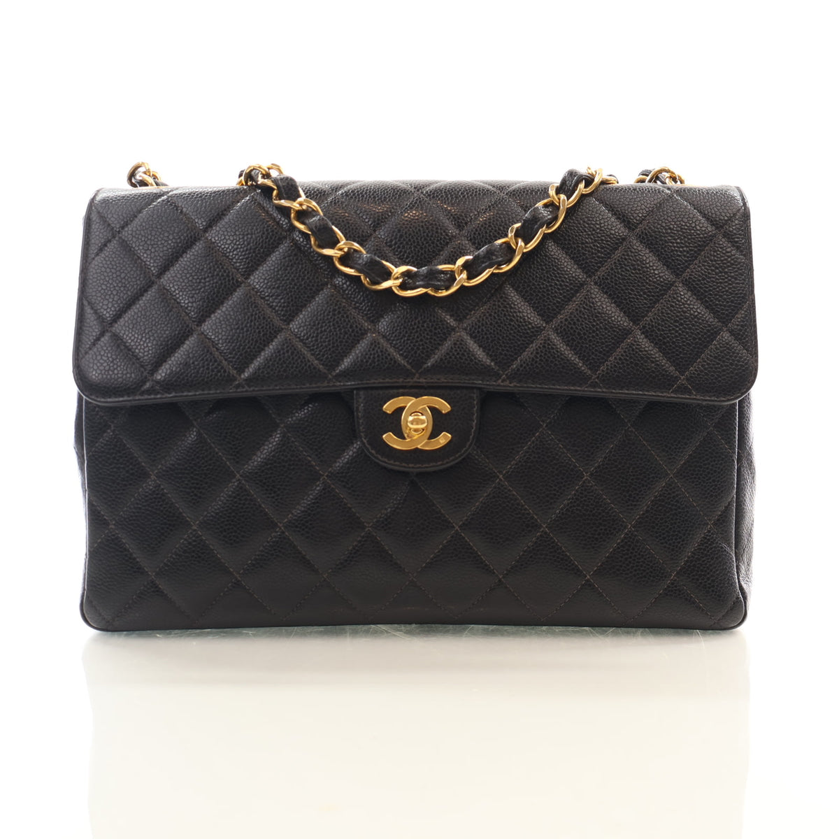 Vintage Chanel Flap Bag Jumbo Caviar Leather Classic Single, front view, authenticated at Luxe Du Jour