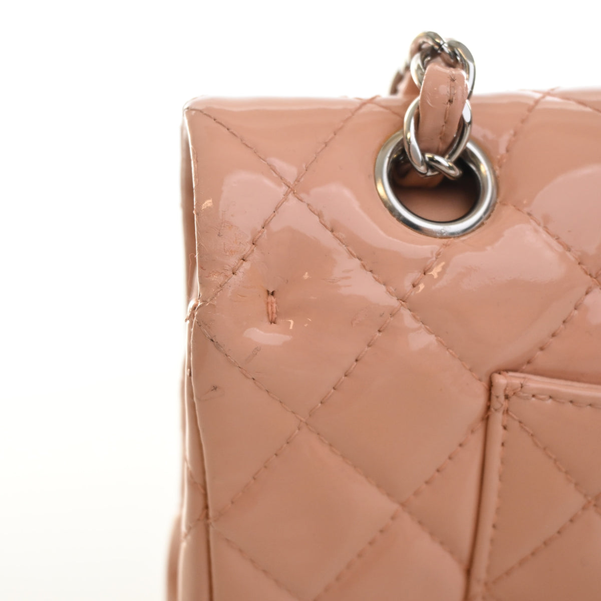 Pre-Owned Chanel Classic Double Flap Medium Patent Leather Bag, corner and edge detail, photo 14 of 21