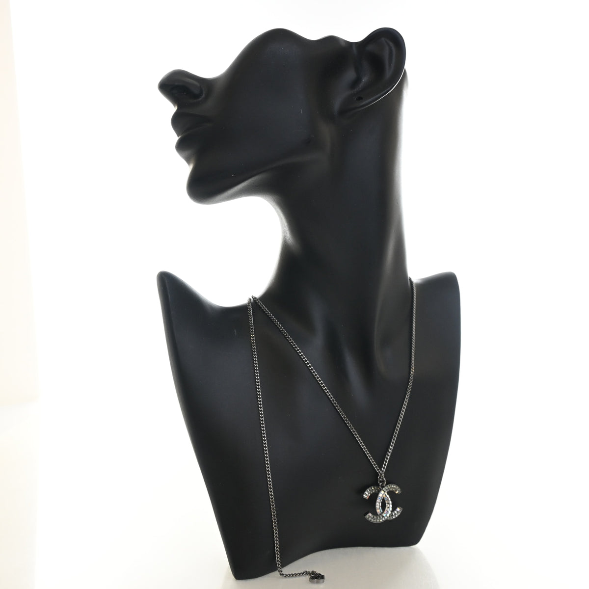 Pre-Owned Chanel Necklace Crystal CC Pendant, worn on model