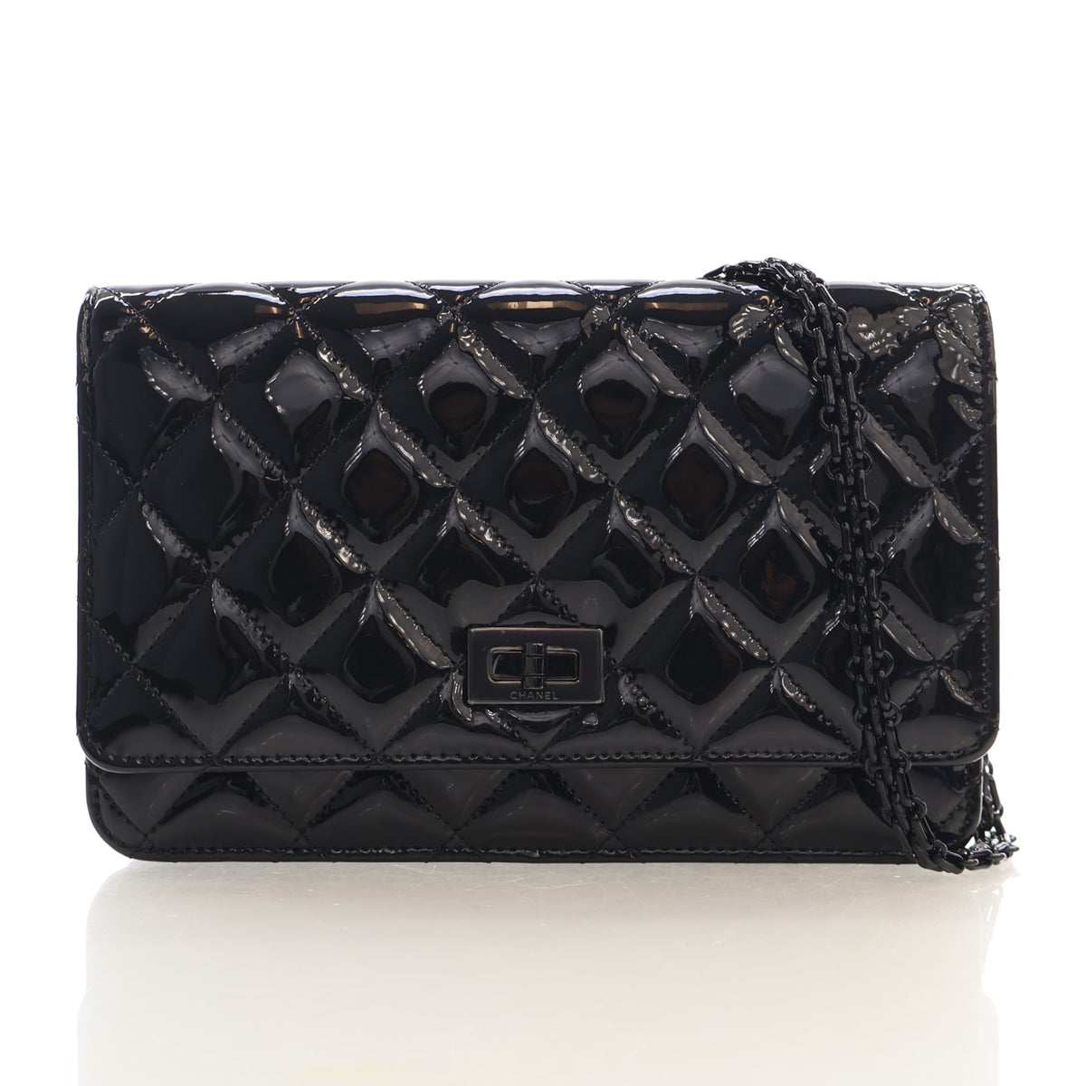 Pre-Owned Chanel Wallet On Chain Patent Leather Reissue 2.55 WOC, front view, authenticated at Luxe Du Jour
