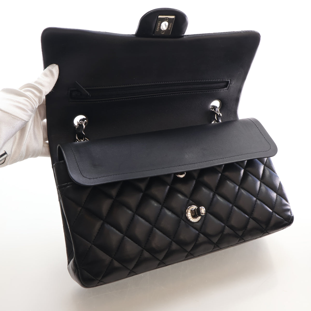 Pre-Owned Chanel Classic Double Flap Medium Lambskin Bag, open interior, photo 14 of 18