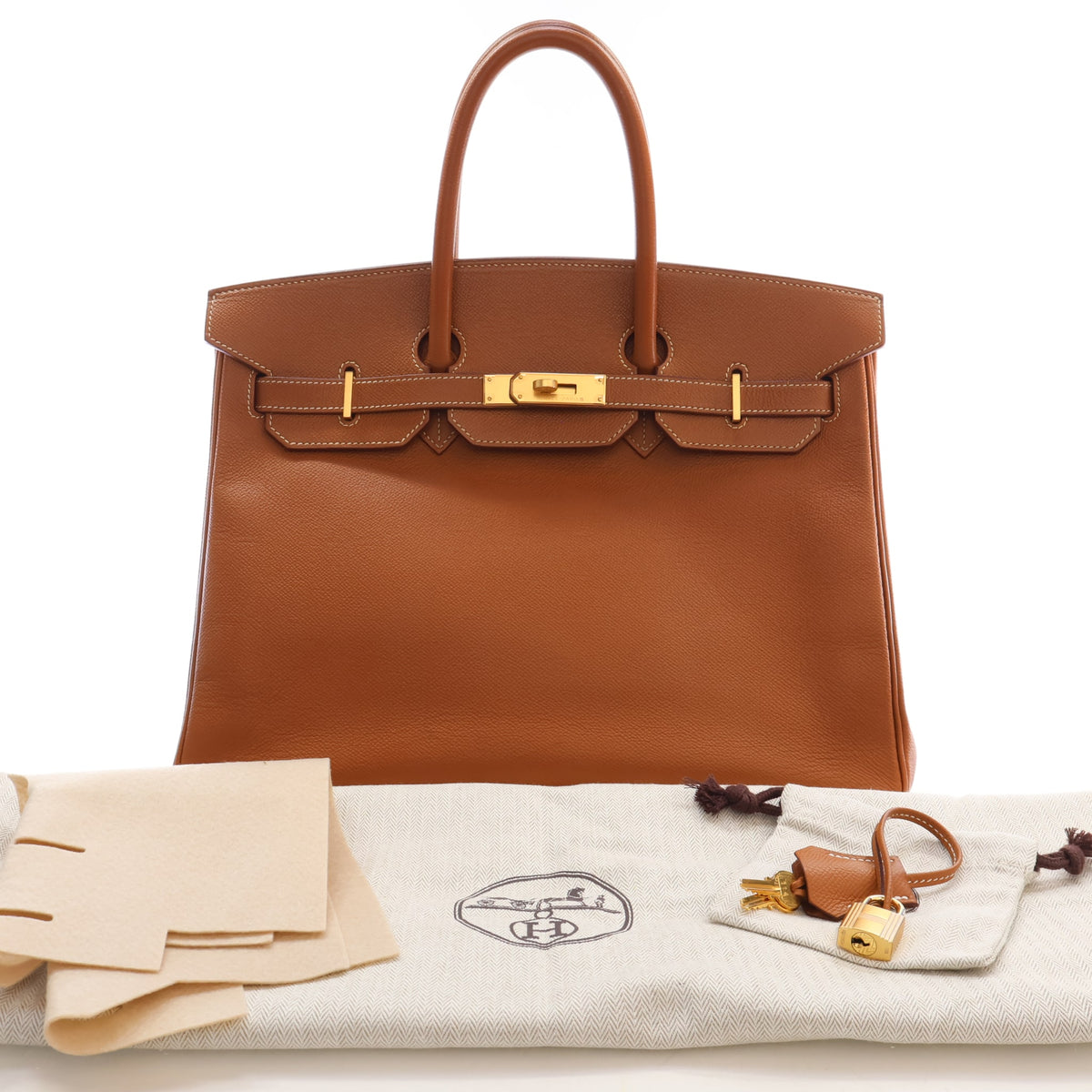 Vintage Hermès Birkin 35 Gold Epsom Leather, shown with dust bag and packaging