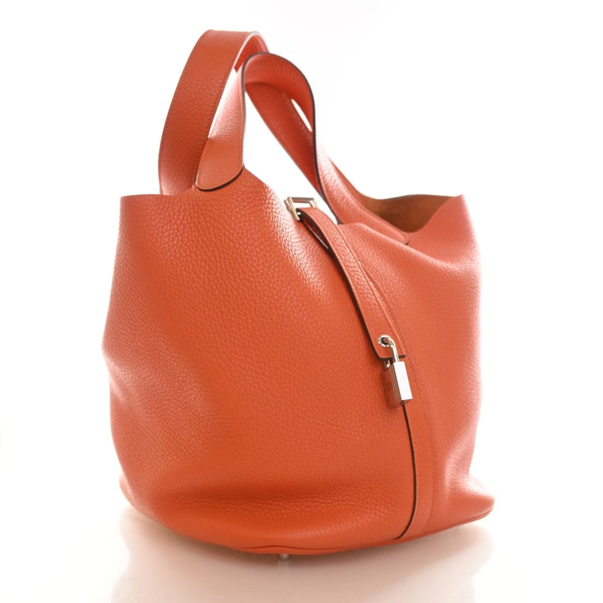 Pre-Owned Hermès Picotin Lock 26 Orange Clemence Leather, side profile, authenticated at Luxe Du Jour