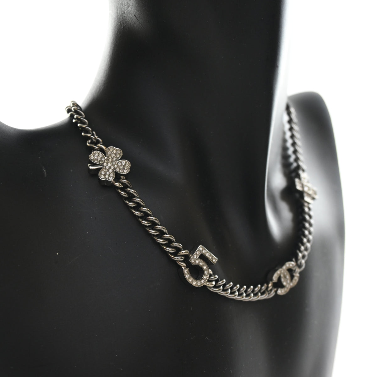 Pre-Owned Chanel Necklace Crystal CC Symbol Choker, worn on model, photo 4 of 9