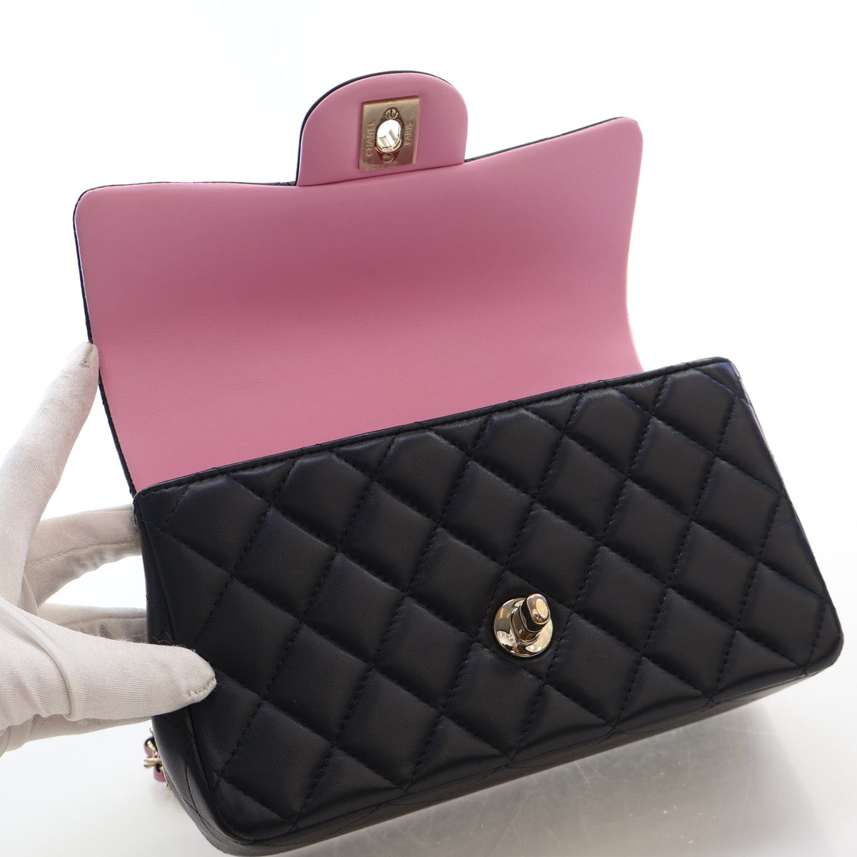 Pre-Owned Chanel Classic Flap Mini Lambskin Rectangular Top Handle Bag, open interior with lining, photo 15 of 19