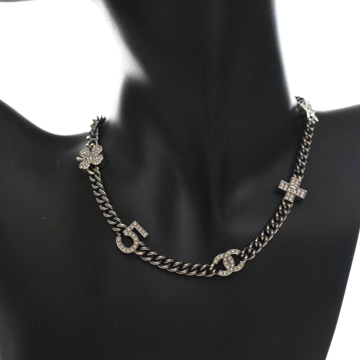 Pre-Owned Chanel Necklace Crystal CC Symbol Choker, worn on model