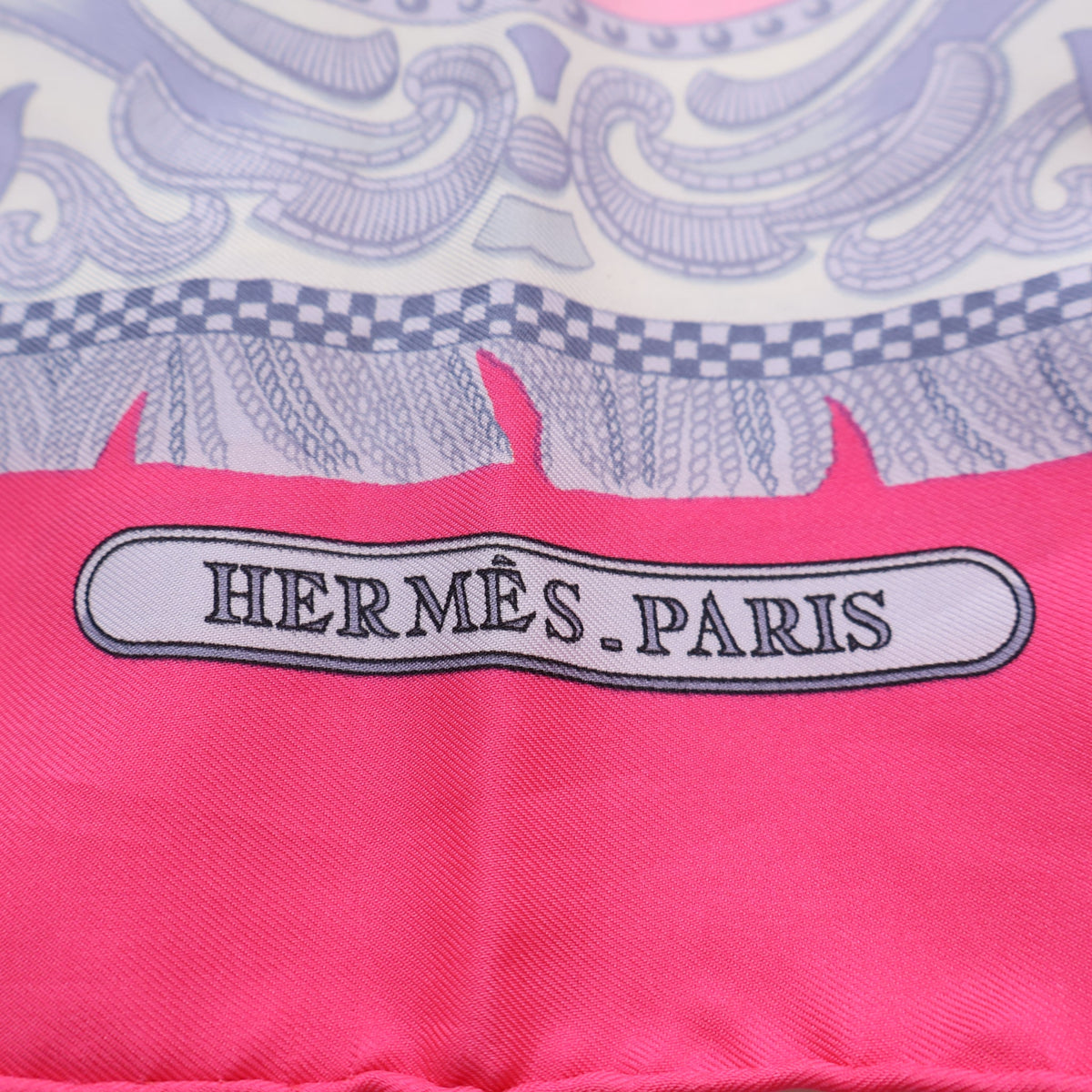 Pre-Owned Hermès Scarf Silk La Presentation, logo detail, authenticated at Luxe Du Jour