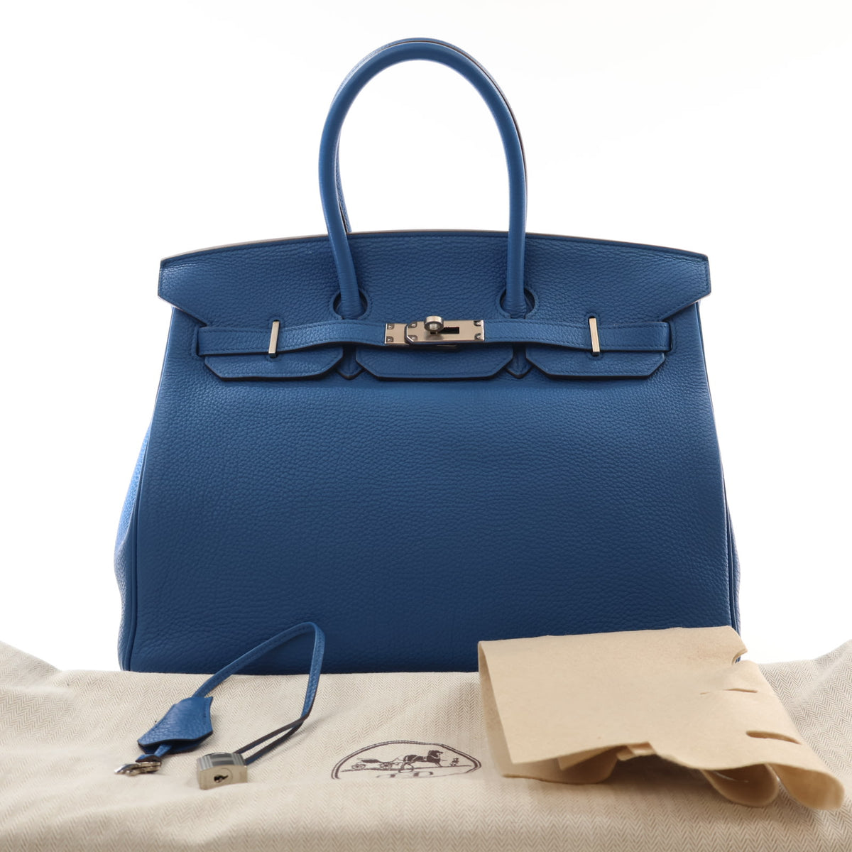Pre-Owned Hermès Birkin 35 Mykonos Togo Leather, shown with dust bag and packaging