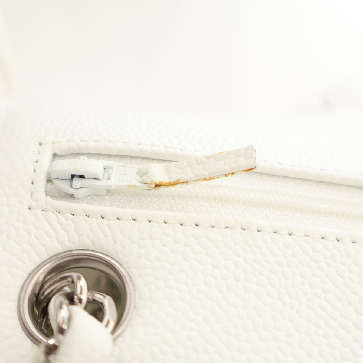 Pre-Owned Chanel Classic Double Flap Medium Caviar Leather Bag, silver hardware close-up, photo 17 of 18