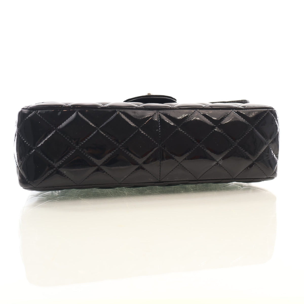 Pre-Owned Chanel Classic Double Flap Jumbo Patent Leather Bag, base and feet view