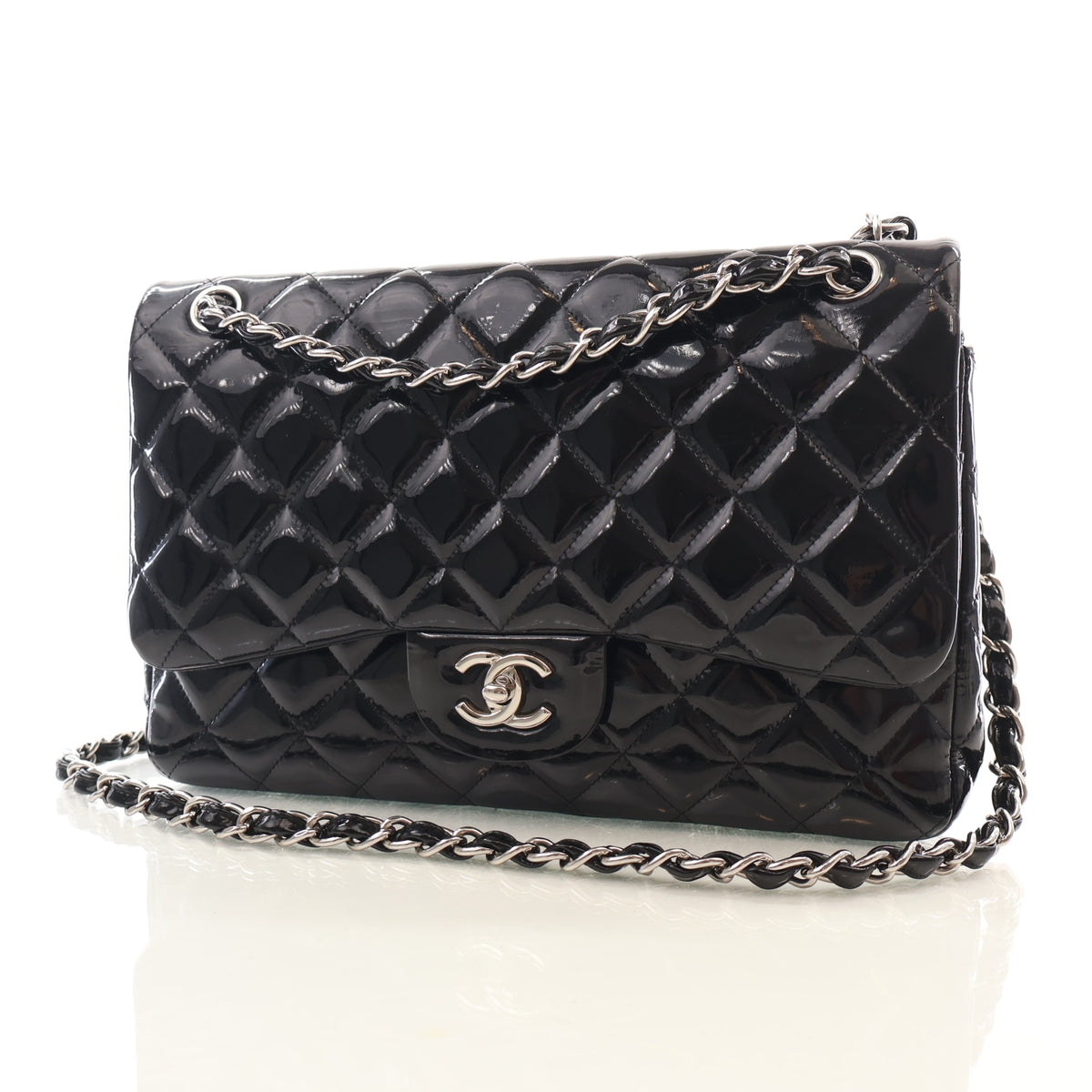 Pre-Owned Chanel Classic Double Flap Jumbo Patent Leather Bag, front view, photo 3 of 19