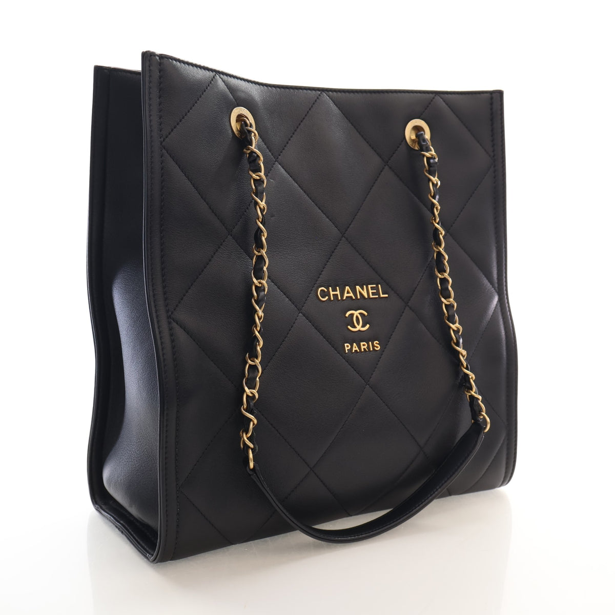 Pre-Owned Chanel Shopping Tote Lambskin CC, side profile, authenticated at Luxe Du Jour