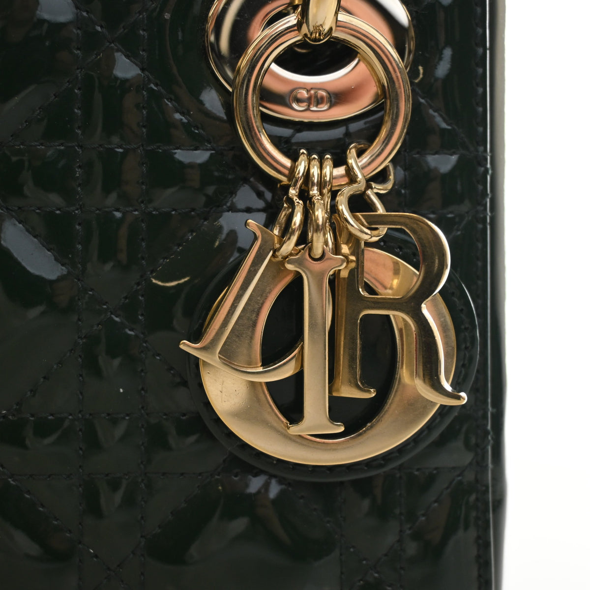 Pre-Owned Christian Dior Lady Dior Mini Patent Leather, gold hardware close-up