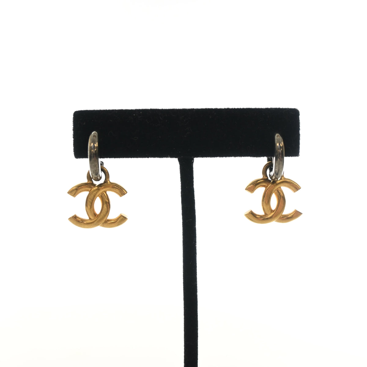 Pre-Owned Chanel Mixed Metal CC Drop Earrings, open front view, authenticated at Luxe Du Jour