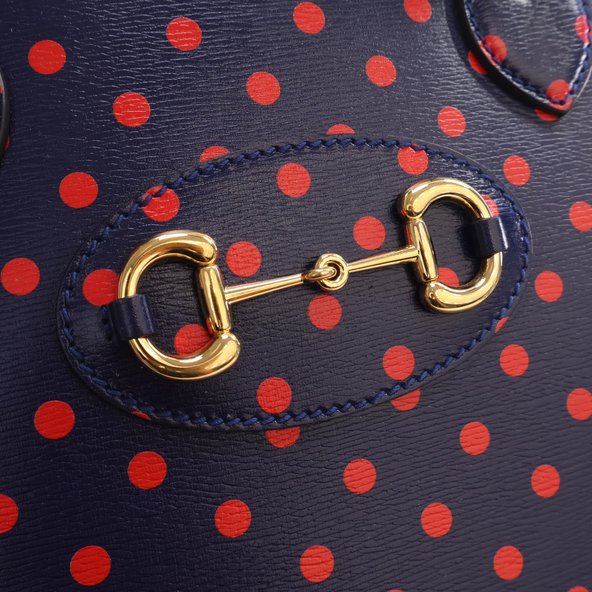 Pre-Owned Gucci Top Handle Calfskin Horsebit 1955 Bag, gold hardware close-up
