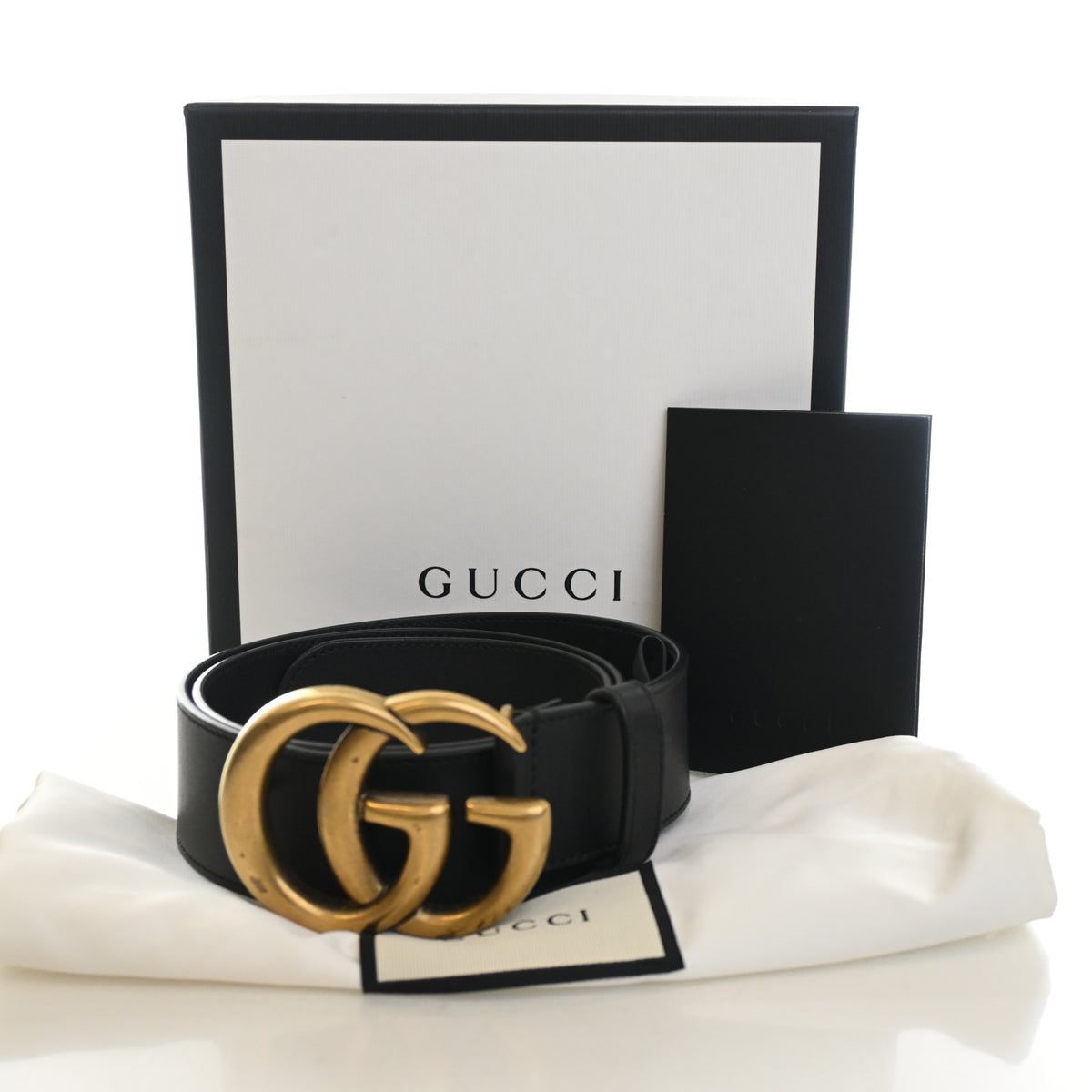 Pre-Owned Gucci Marmont Sz Calfskin Belt 80/32, shown with dust bag and packaging