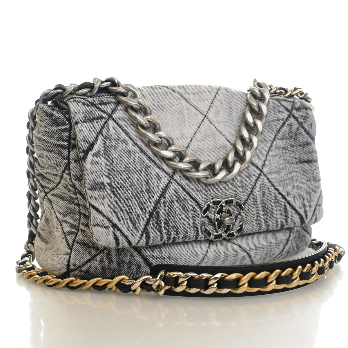 Pre-Owned Chanel 19 Flap Bag Medium Denim, three-quarter view, authenticated at Luxe Du Jour