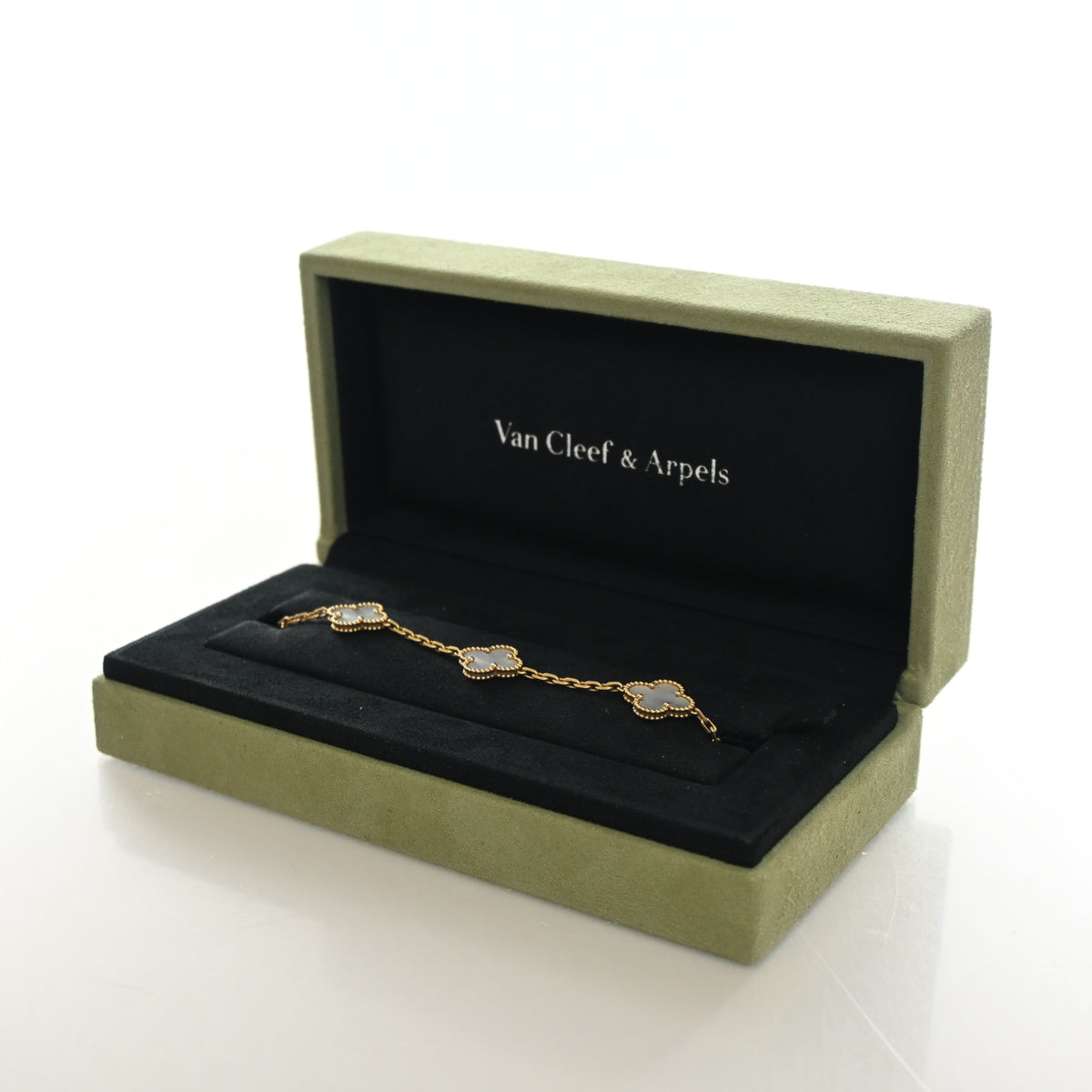 Vintage Van Cleef & Arpels Alhambra Mother Of Pearl 5 Motif Bracelet, shown with dust bag and packaging, photo 5 of 9