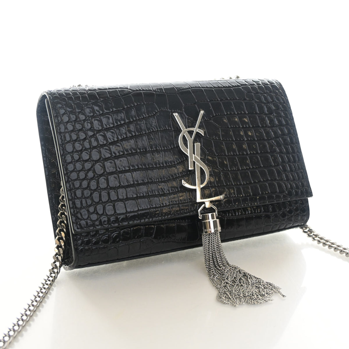 Pre-Owned Saint Laurent Small Crocodile Leather Embossed Leather Kate Tassle Bag, three-quarter view