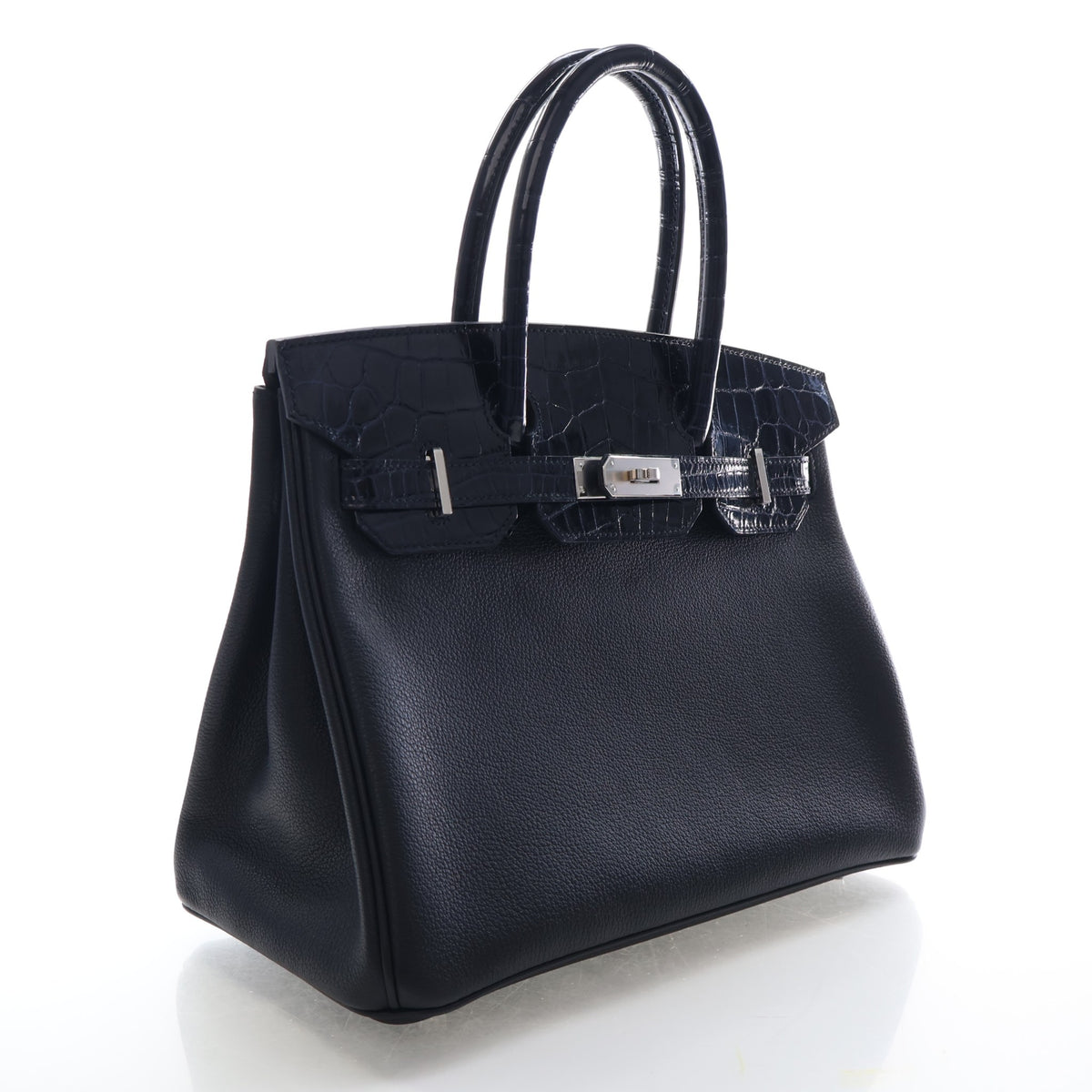 Pre-Owned Hermès Birkin 30 Noir Togo Niloticus Crocodile Leather Touch, three-quarter view
