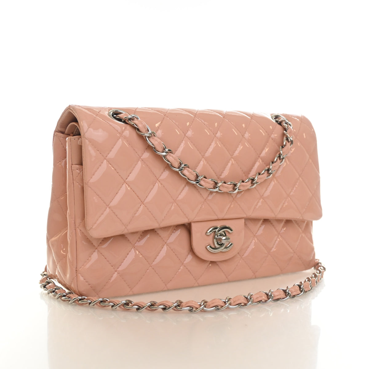 Pre-Owned Chanel Classic Double Flap Medium Patent Leather Bag, three-quarter view, authenticated at Luxe Du Jour