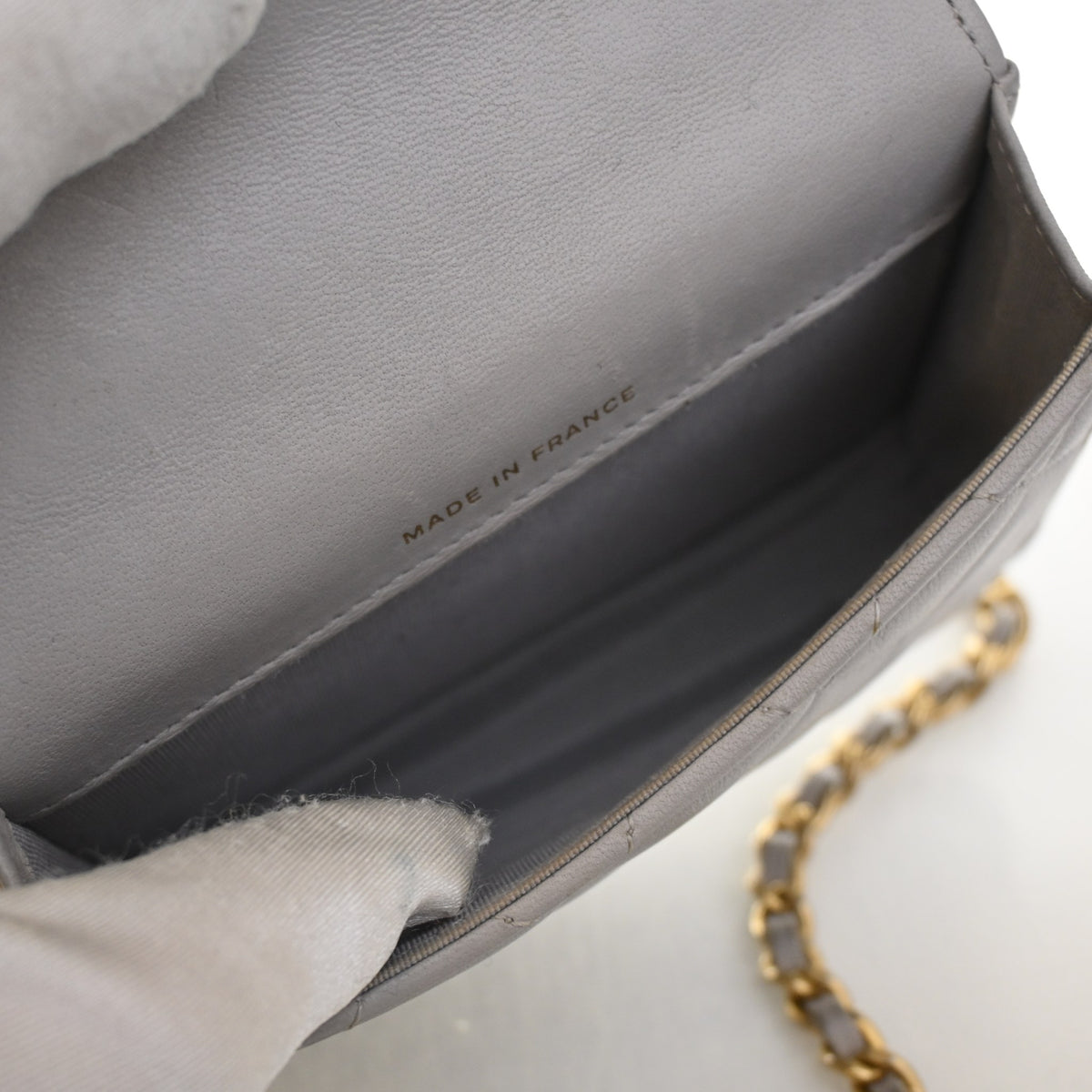 Pre-Owned Chanel Top Handle Mini Lambskin Flap Bag, open interior with lining