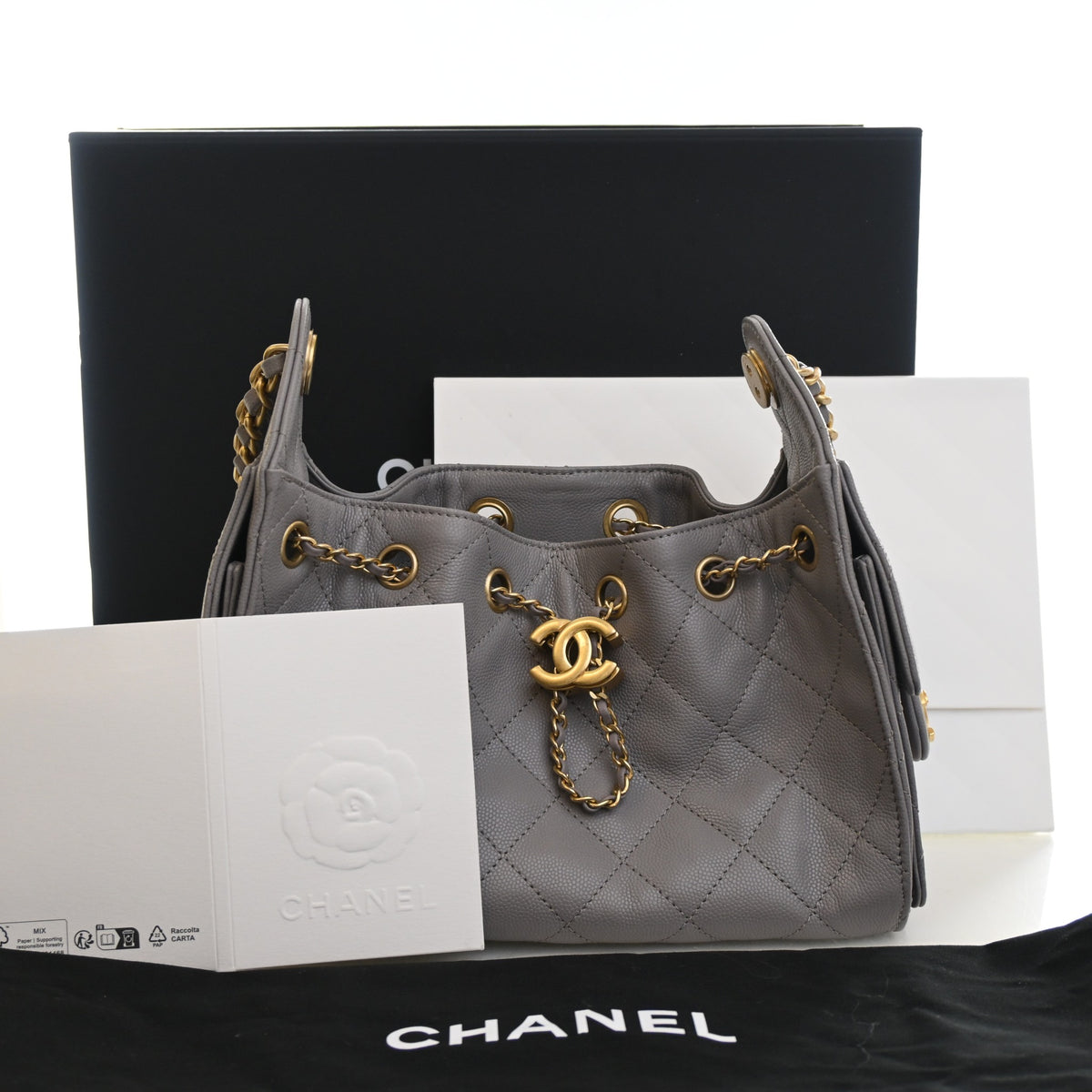 Pre-Owned Chanel Hobo Mini Caviar Leather 25, shown with dust bag and packaging
