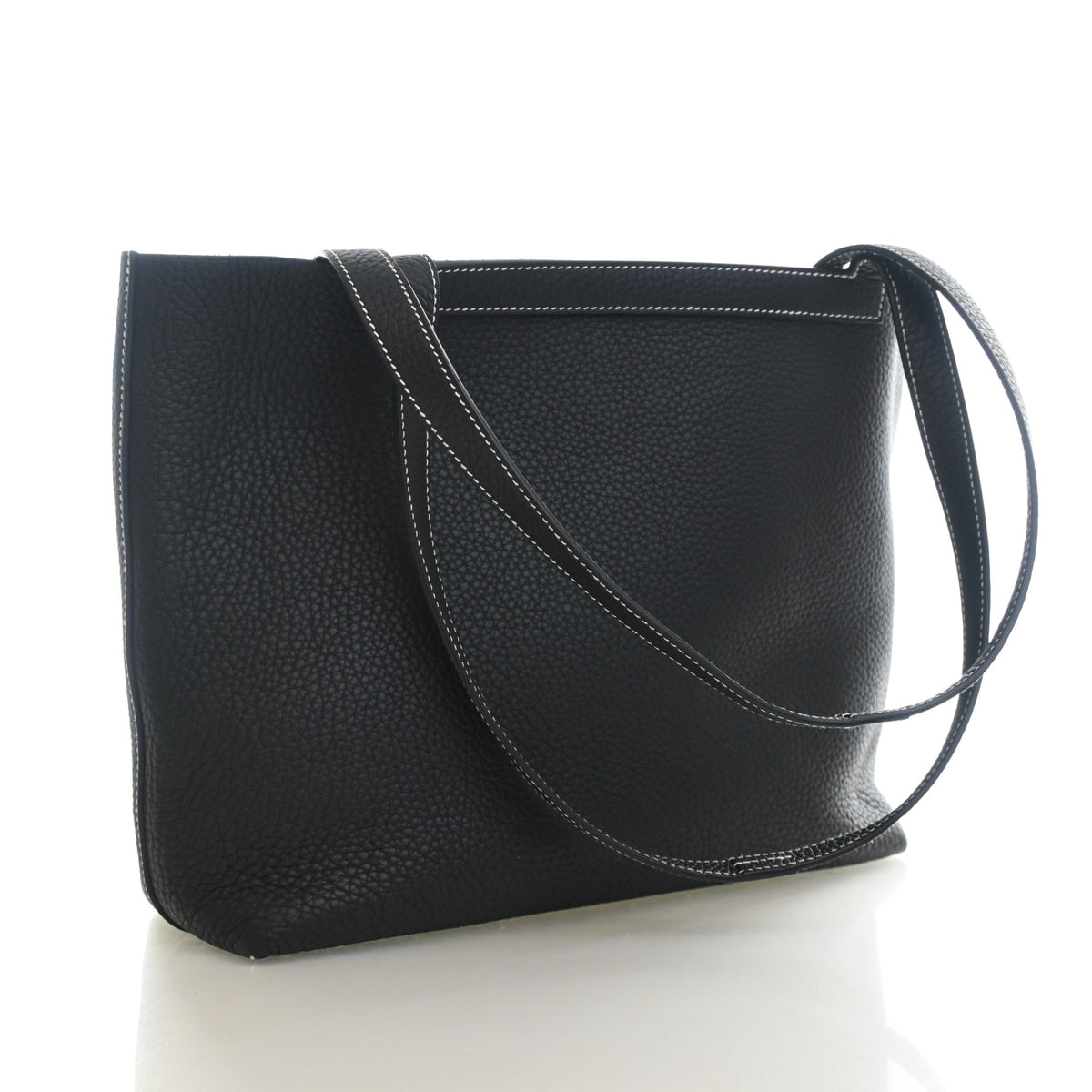 Pre-Owned Hermès 31 Noir Clemence Leather Cabasellier, three-quarter view, authenticated at Luxe Du Jour