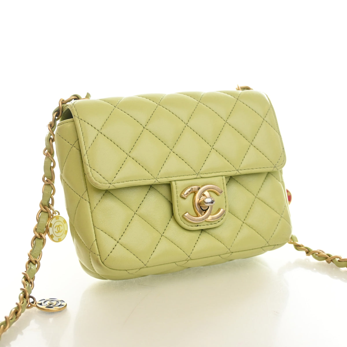 Pre-Owned Chanel Flap Bag Mini Lambskin Casino Royale Square, three-quarter view, authenticated at Luxe Du Jour