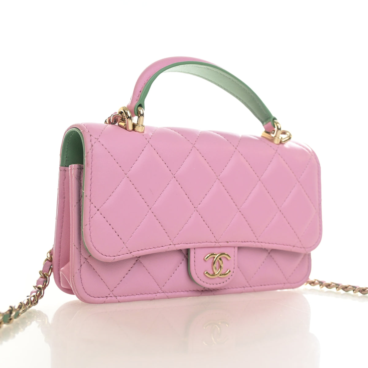 Pre-Owned Chanel Phone Holder Lambskin Top Handle With Chain, three-quarter view, authenticated at Luxe Du Jour