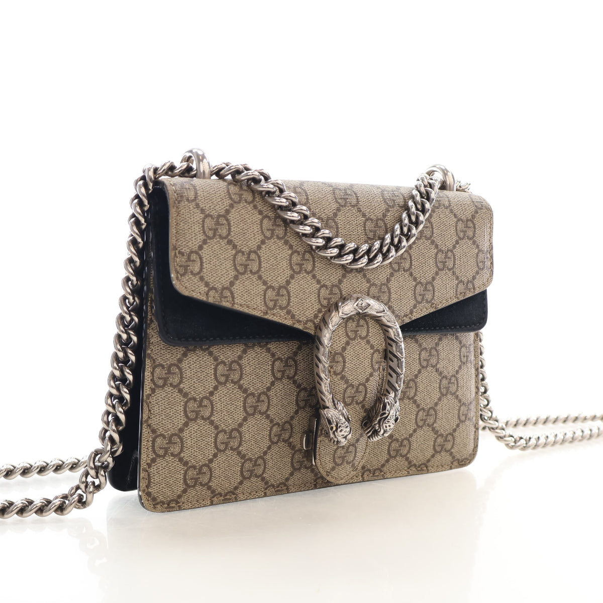 Pre-Owned Gucci Crossbody Bag Mini GG Canvas Dionysus, three-quarter view, authenticated at Luxe Du Jour