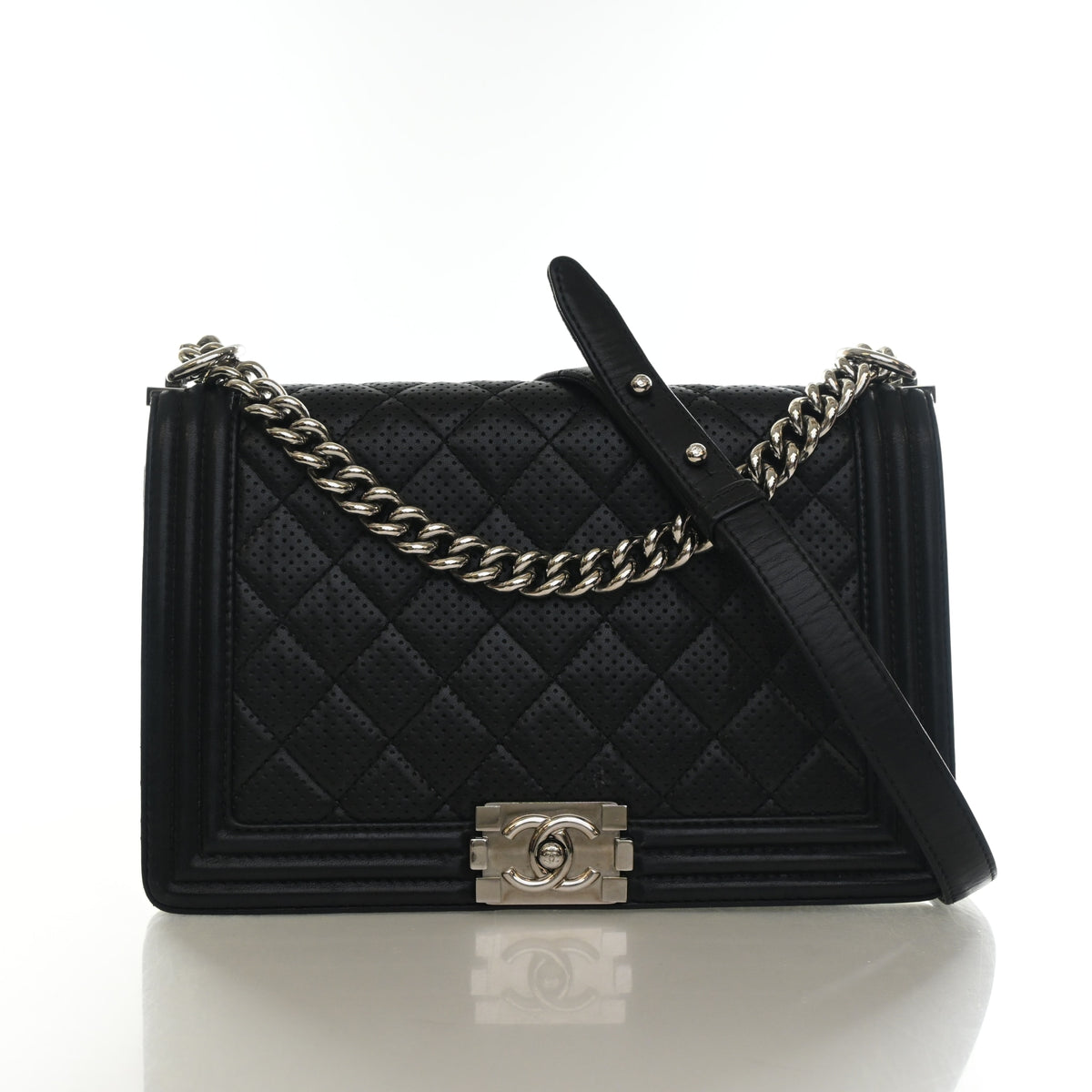Pre-Owned Chanel Boy Bag Medium Lambskin Perforated, front view, authenticated at Luxe Du Jour