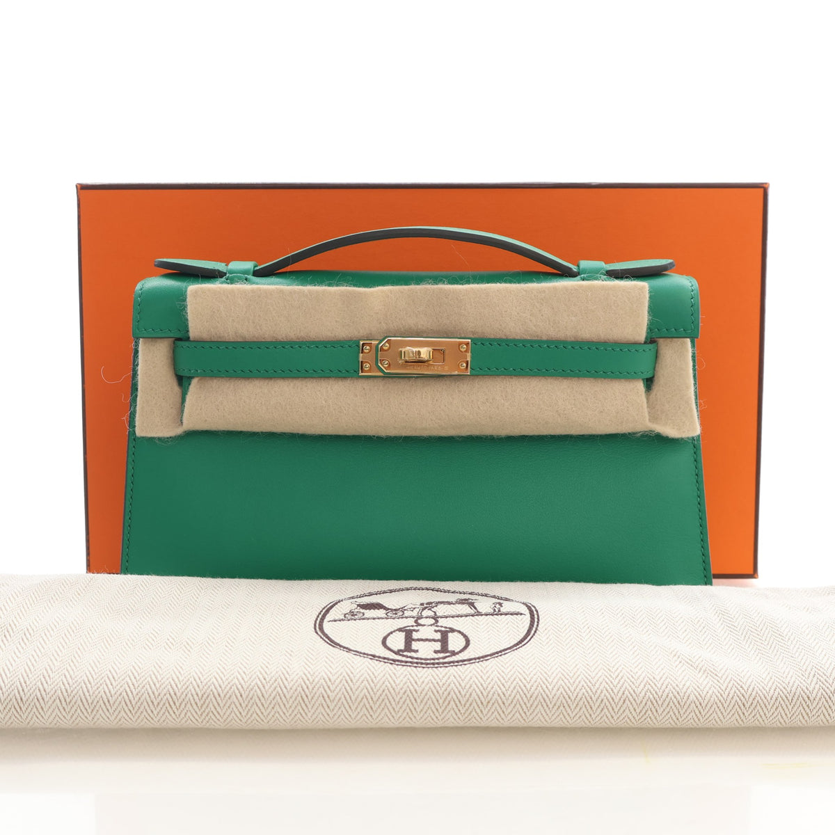 Pre-Owned Hermès Kelly Vert Vertigo Swift Leather Pochette, front view